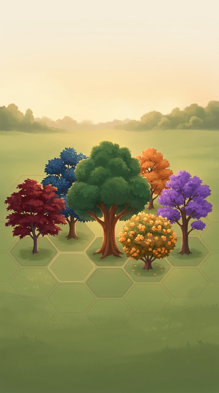 Tendia's living landscape: a small grove of trees in different colors — deep red, blue, green, orange, gold, and violet — standing on soft green ground marked with a faint hex grid.