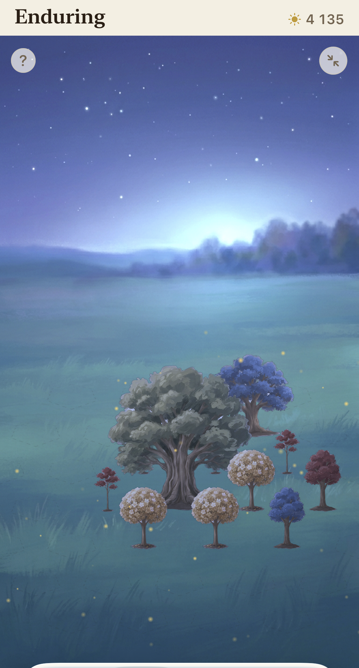 The Tendia Forest screen at dusk: a mature grove of trees on a hillside under a starry sky, labelled “Enduring” — a landscape grown over months of tending.