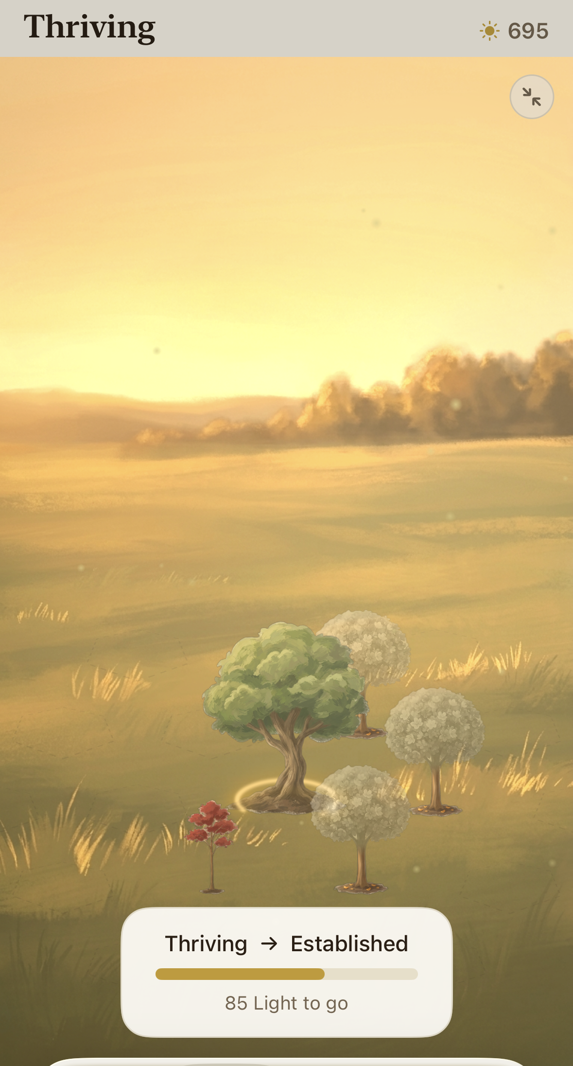 A screen from Tendia: a Tree in a warm, sunlit meadow at the centre of a small forest, with a progress card reading “Thriving → Established, 85 Light to go.”